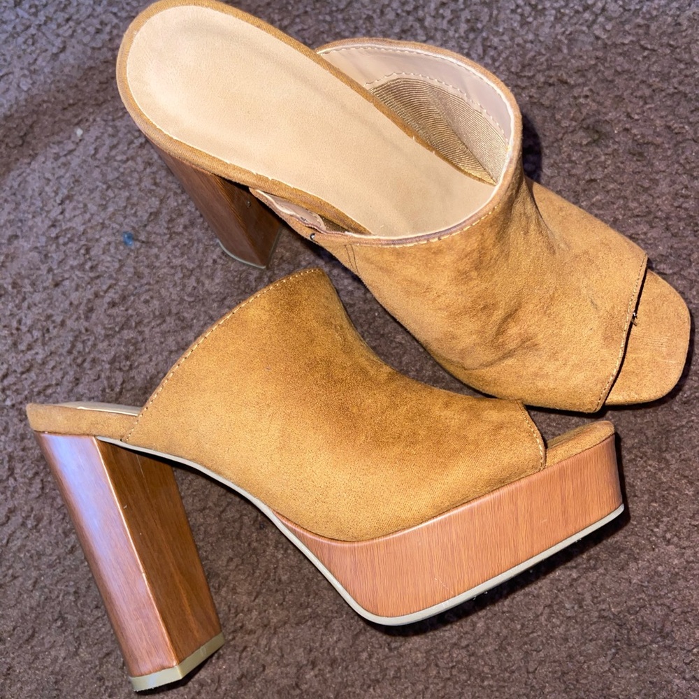 Tan faux suede, wood bottom, mules.